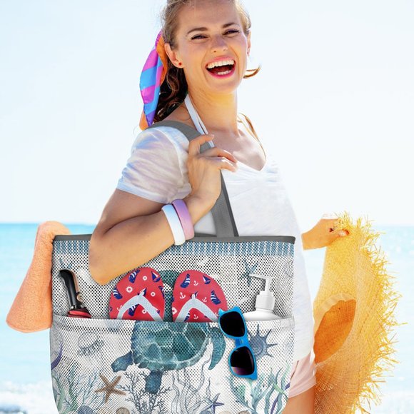 Large Sea Turtle Patterned 7 Pocket Mesh Sand-Proof Beach Bag - Picture 2 of 6